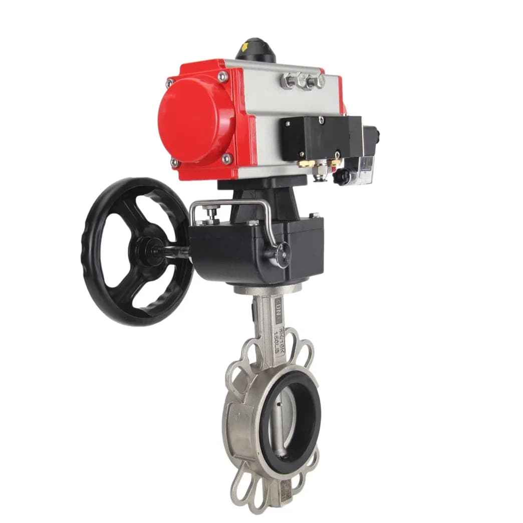 Затвор дисковый поворотный 316L-316L-VITON Ду150 Ру16, корпус и диск нержавеющая сталь 316L, уплотнение Viton, пневмопривод DA-105 двойного действия, пневмораспределитель PND2-S1EM-52-1NC-J08-220VAC, с ручным дублером HDM-3