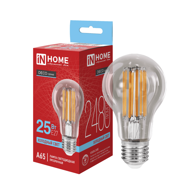 Лампа светодиодная LED-A65-deco 25Вт 230В Е27 6500К 2480Лм прозрачная IN HOME