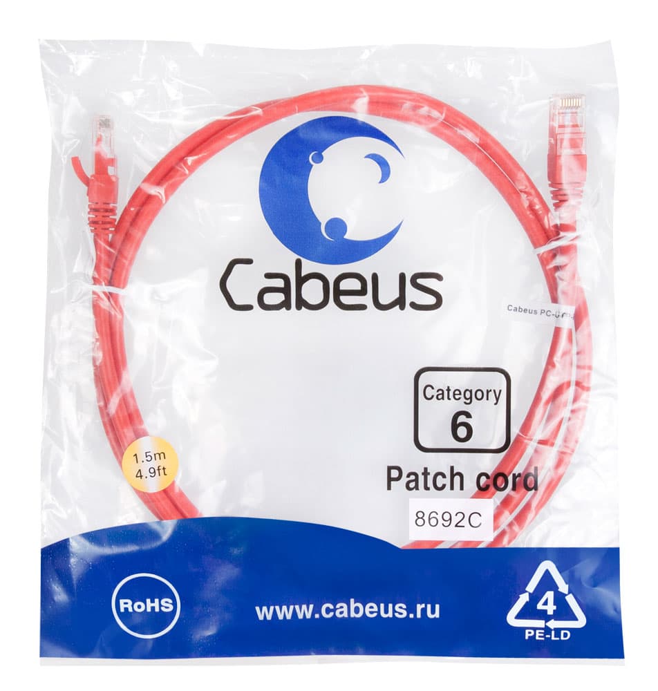 Патч-корд U/UTP, категория 6, 2xRJ45/8p8c, неэкранированный, красный, PVC, 1.5м