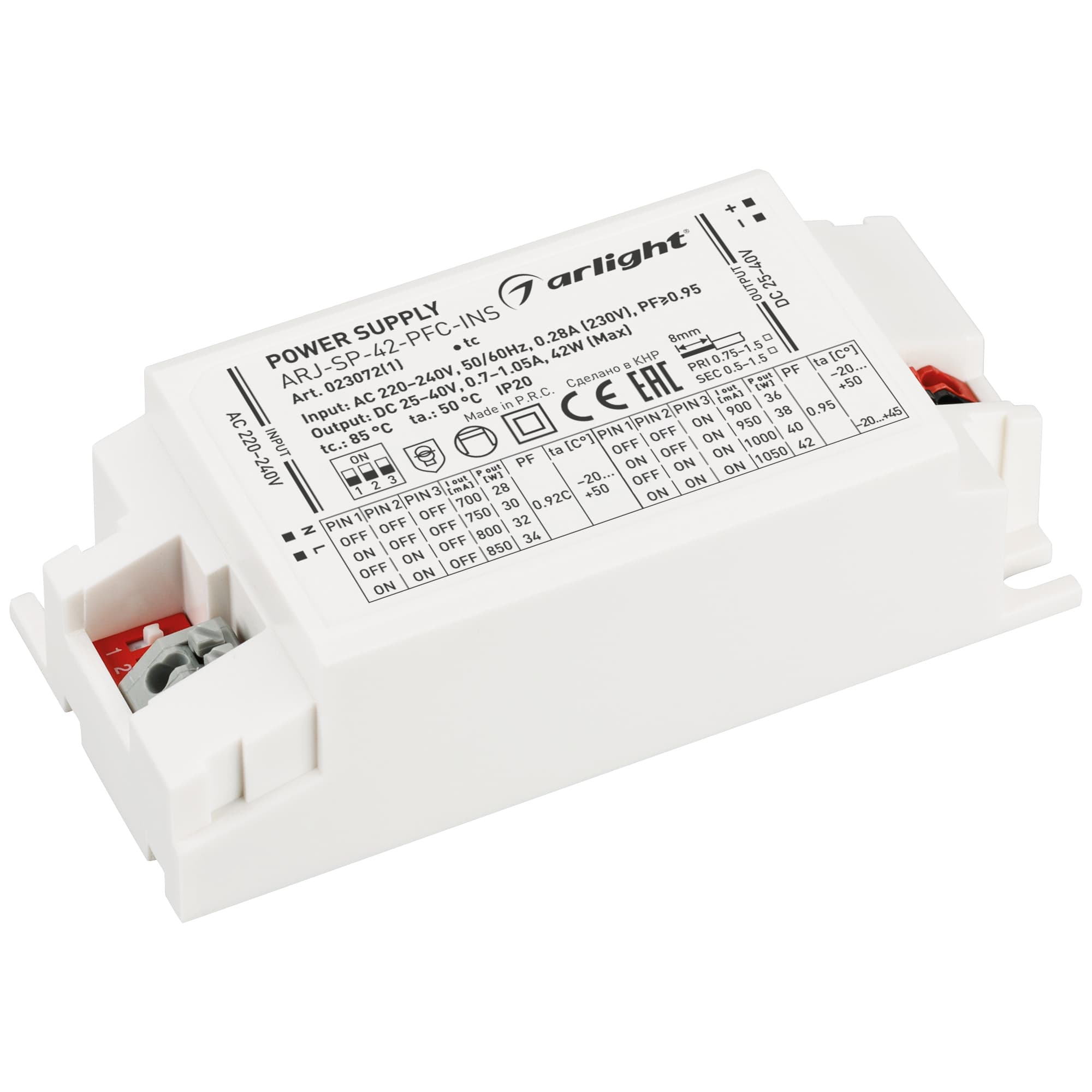 Блок питания ARJ-SP-42-PFC-INS (42W, 25-40V, 0.7-1.05A) (IP20 Пластик, 5 лет)