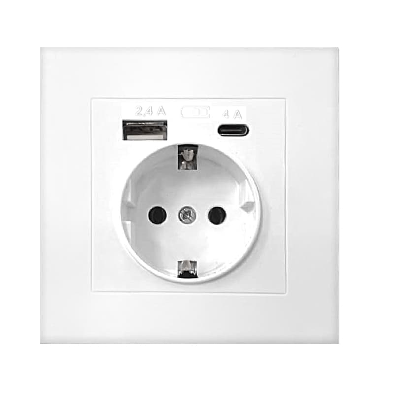 Розетка скрытой установки, с заземлением, c USB Type-A 2.4А+ Type-C 4A серия Афина , 220В, механизм, белая