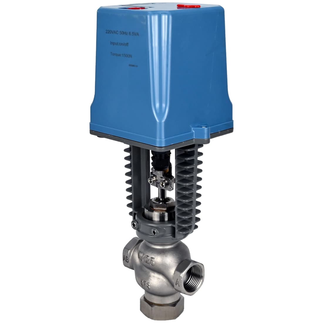 Клапан регулирующий 2W-304-M-PED-T 1 1/2'' Ду40 Ру25 двухходовой, односедельный, резьбовой, корпус нержавеющая сталь AISI304, уплотнение металл с электроприводом XCK220-1500 AC220V