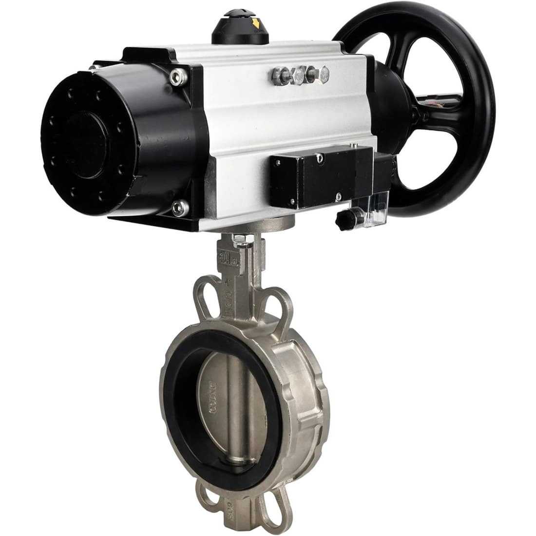 Затвор дисковый поворотный 304-304-VITON-2W-Fb-H Ду150 Ру16 межфланцевый, корпус нержав.сталь 304, диск нержав.сталь 304, уплотнение VITON, с пневмоприводом DA-105 и пневмораспределителем PND2-S1EM-52-1NC-J08-24VDC NAMUR