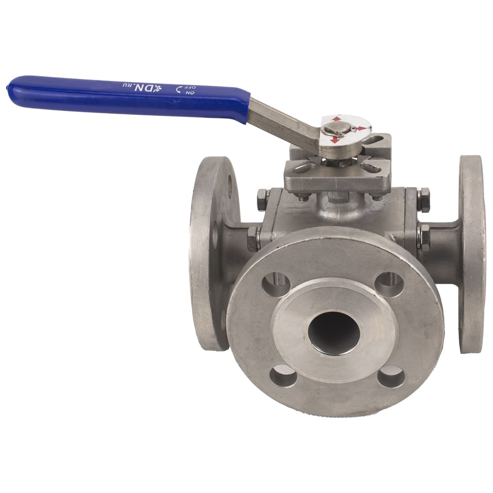 Кран шаровой 316-316-PTFE Ду32 Ру16 полнопроходной, трехходовой T тип, фланцевый, корпус нержавеющая сталь SS316, ISO-фланец F05/F07 квадрат 14х14, с рукояткой