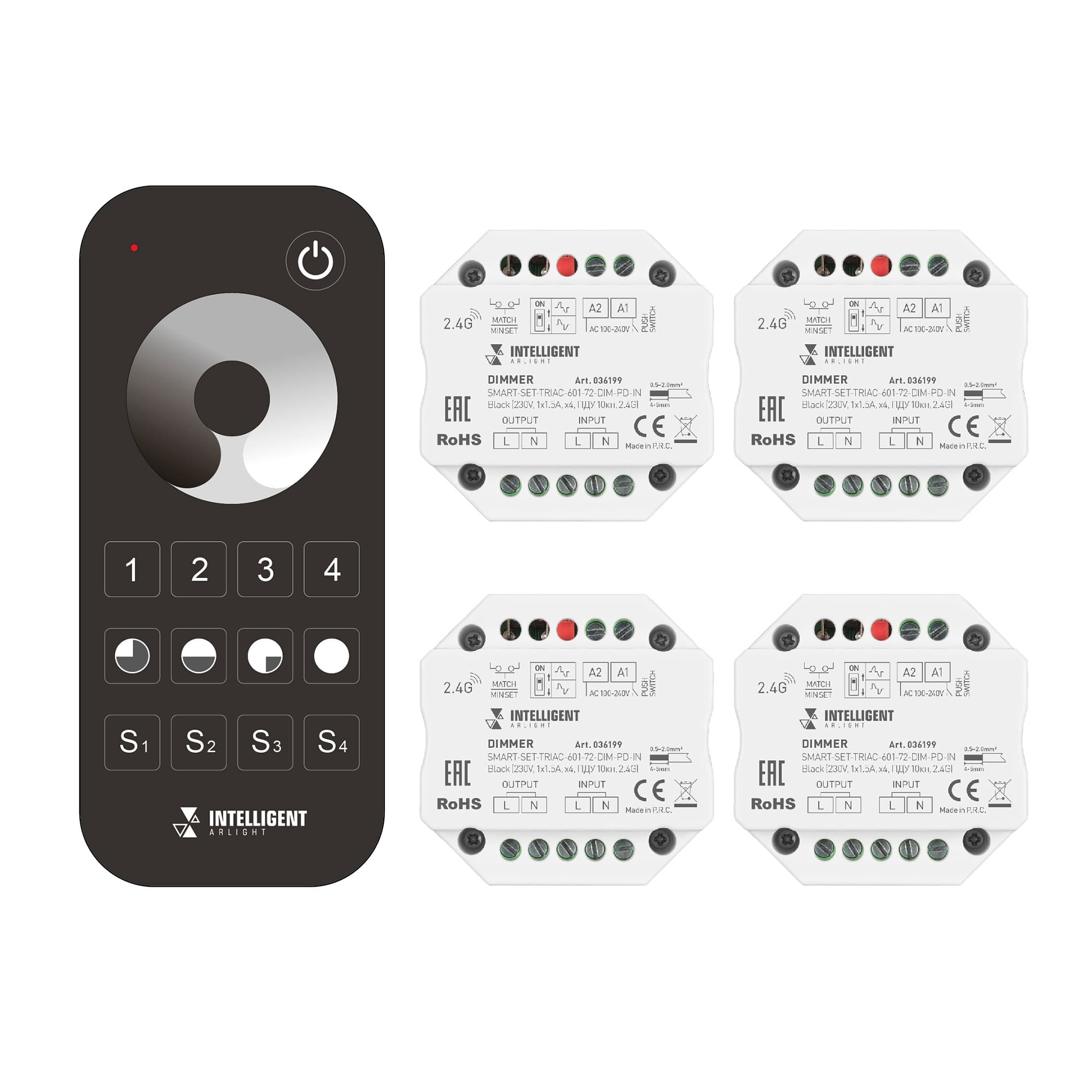 Диммер INTELLIGENT SMART-SET-TRIAC-601-72-DIM-PD-IN Black (230V, 1x1.5A, x4, ПДУ 10кн, 2.4G) (IARL, IP20 Пластик, 5 лет)
