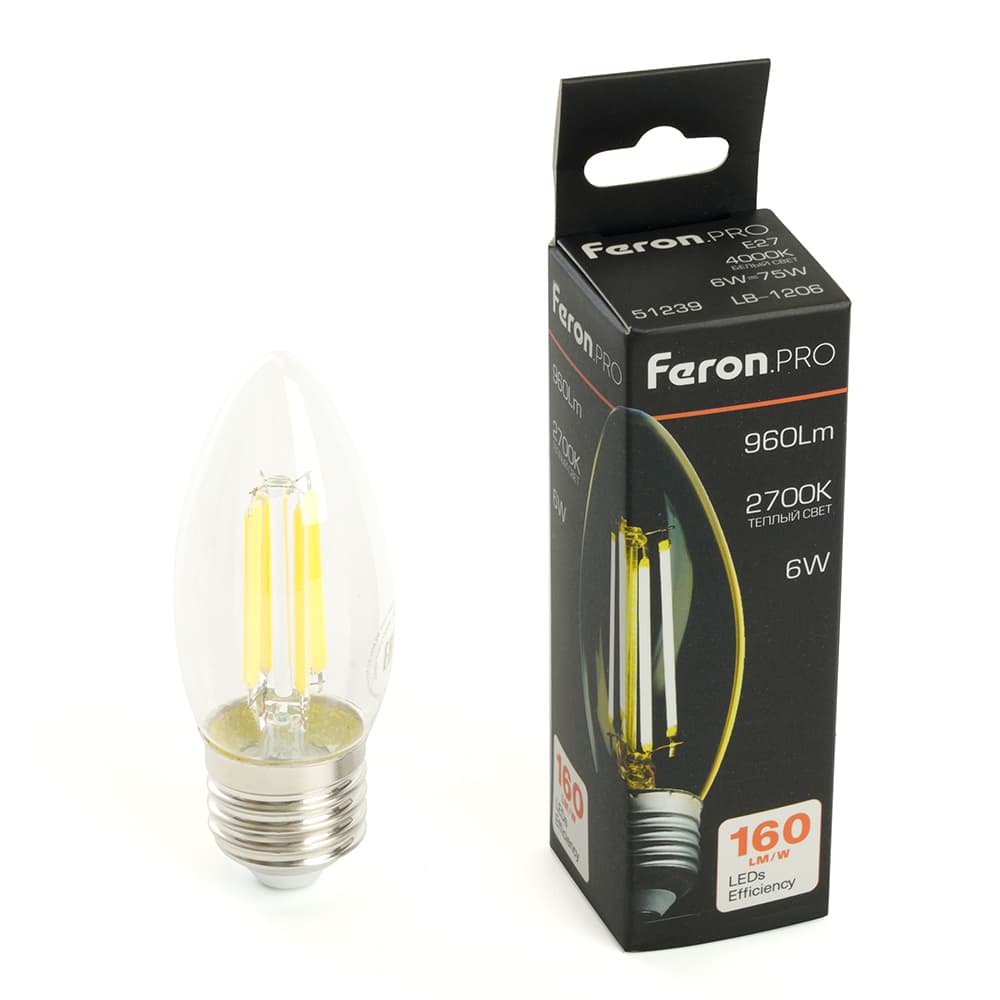 Лампа светодиодная LED 6вт Е27 теплый свеча FILAMENT .PRO