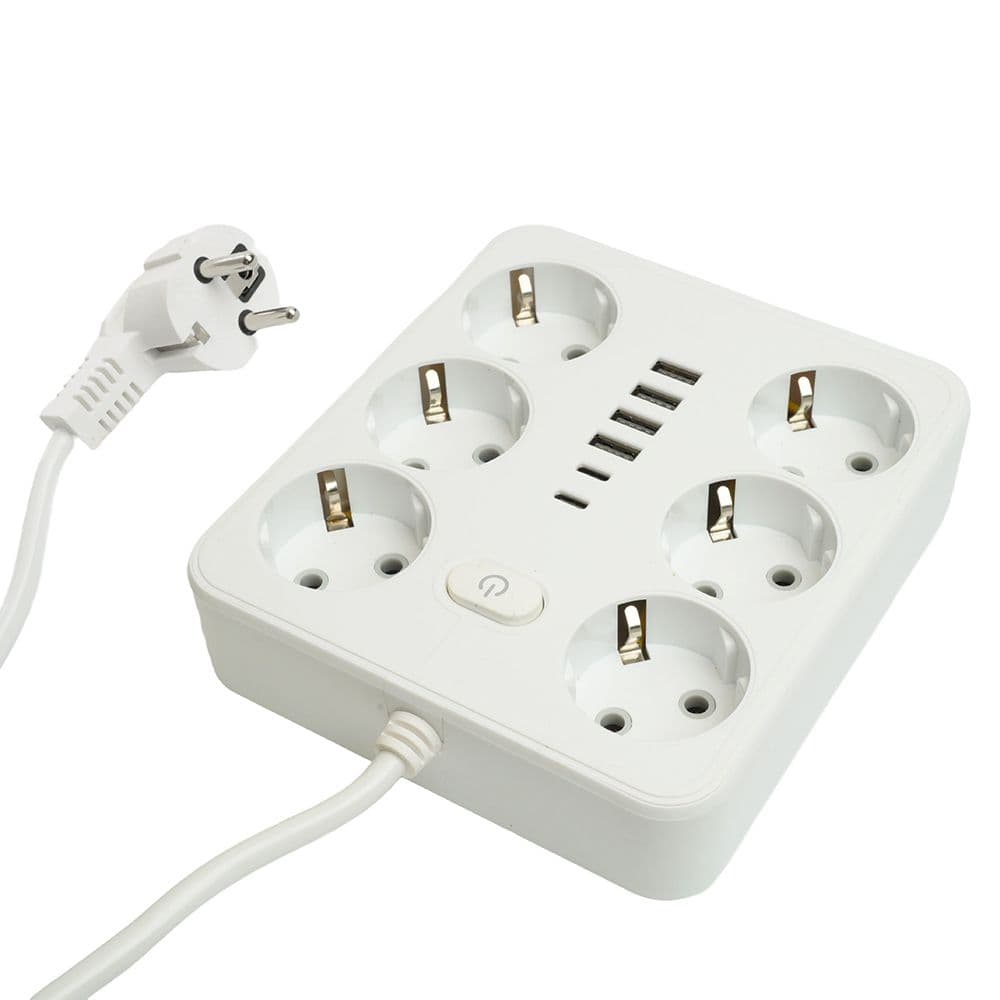 Удлинитель 6-местный c/з 3x1 мм2 3м 250В 10А 4USB+2Type-C 2.4А Home белый