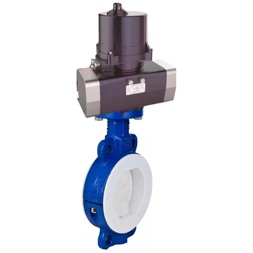 Затвор дисковый поворотный WCB-WCB-PTFE-PTFE-Fb-R Ду200 Ру16 корпус углеродистая сталь WCB, диск углеродистая сталь WCB, футерованный PTFE, уплотнение PTFE, с электроприводом (сервоприводом) ЭПВП-020 220В с пружинным возвратом