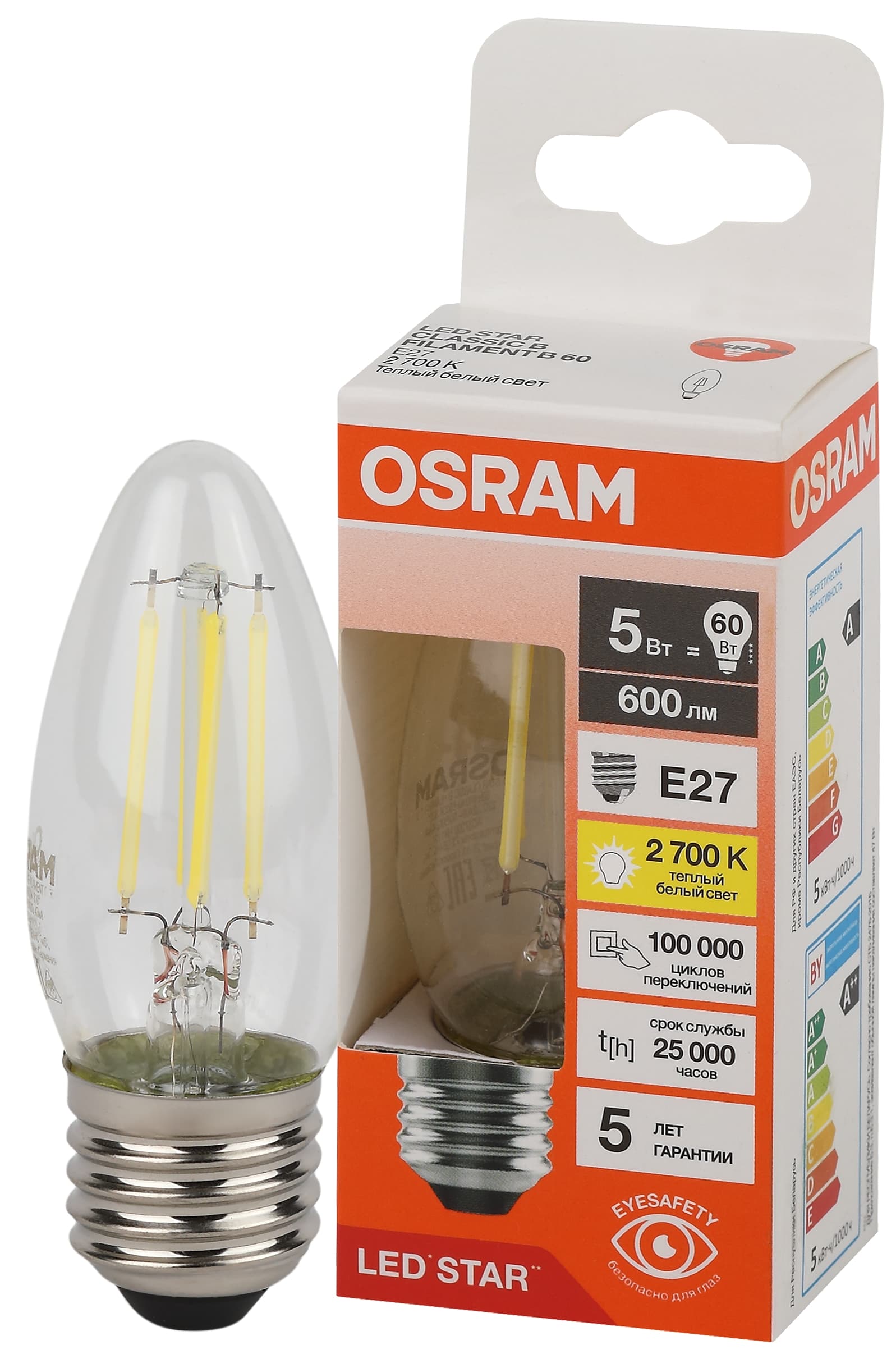 Лампа светодиодная филаментная LED Star Свеча 5Вт (замена 60Вт), 600Лм, 2700К, цоколь E27 OSRAM