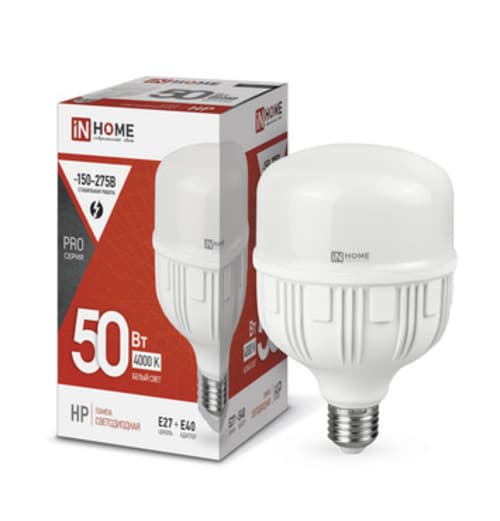 Лампа светодиодная LED-HP-PRO 50Вт 230В Е27 с адаптером E40 4000К 4750Лм IN HOME