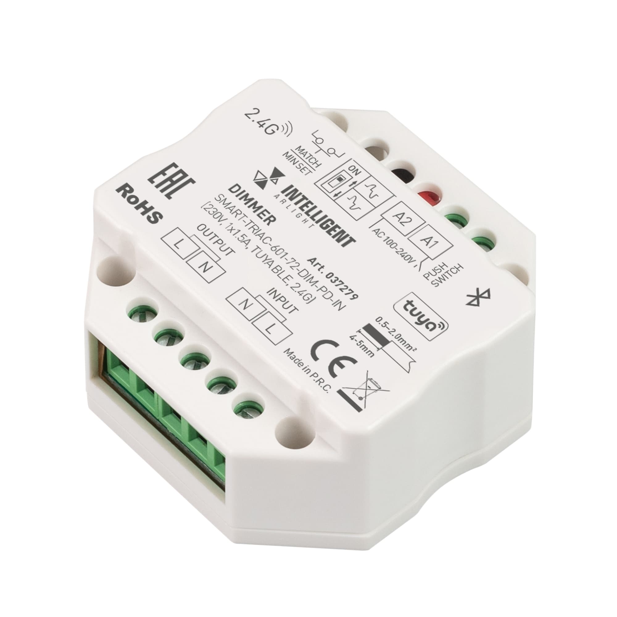 Диммер INTELLIGENT SMART-TRIAC-601-72-DIM-PD-IN (230V, 1x1.5A, TUYA BLE, 2.4G) (IARL, IP20 Пластик, 5 лет)