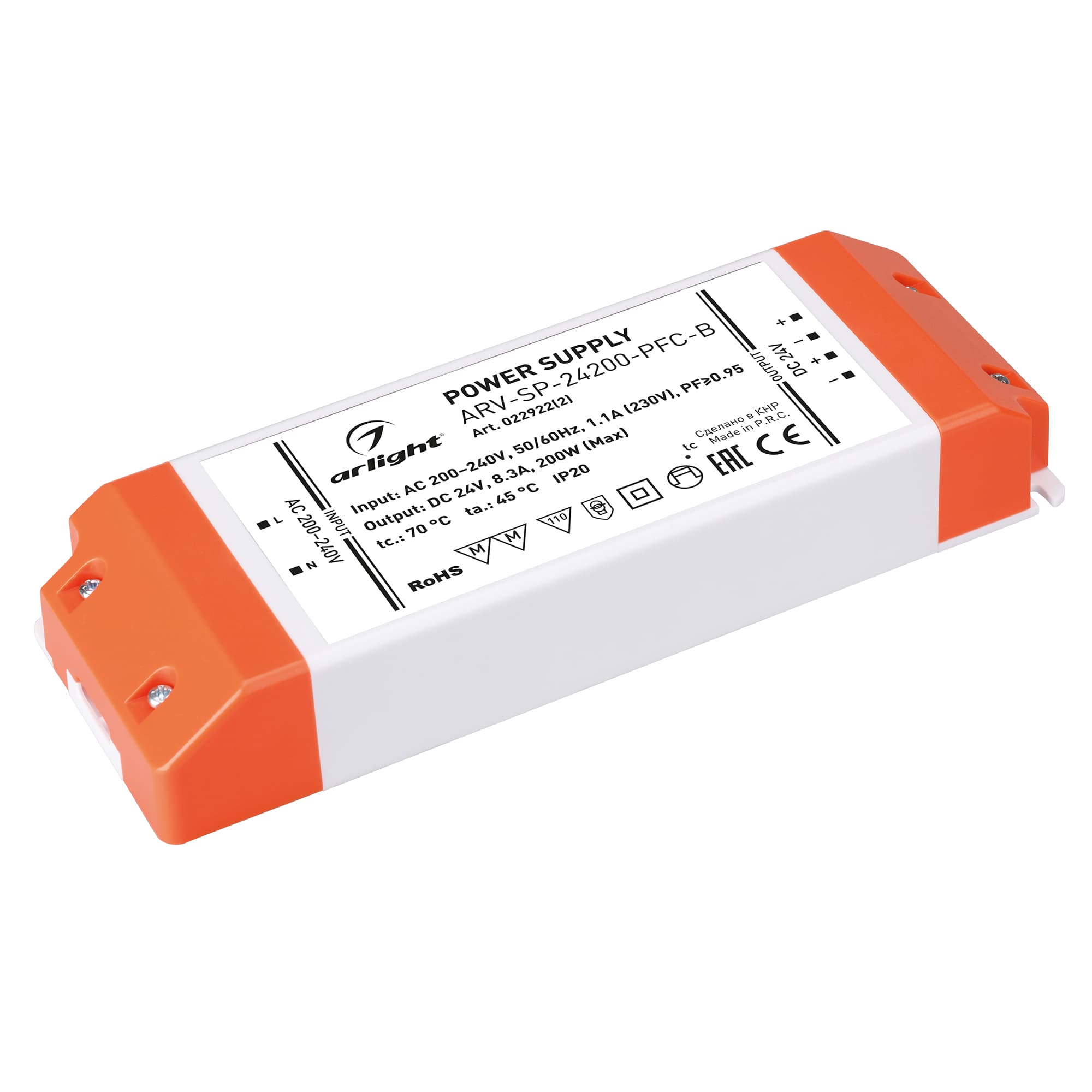 Блок питания ARV-SP-24200-PFC-B (24V, 8.3A, 200W) (IP20 Пластик, 5 лет)