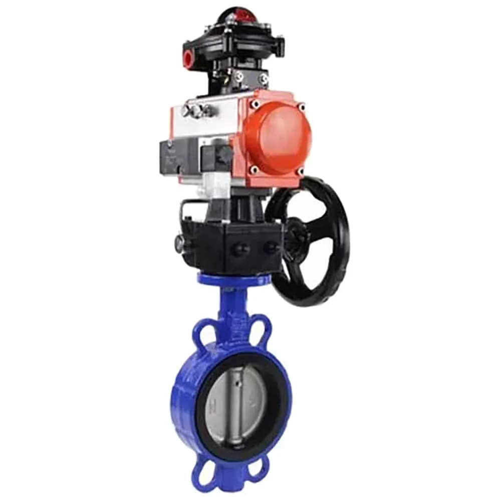 Затвор дисковый поворотный GGG50-316L-EPDM Ду50 Ру16, корпус чугун GGG50, уплотнение EPDM, с пневмоприводом DA-065 двойного действия, с пневмораспределителем PND2-S1EM-52-1NC-J08-220VAC, с БКВ LSB-510-02ExM12-250, с ручным дублером HDM-1
