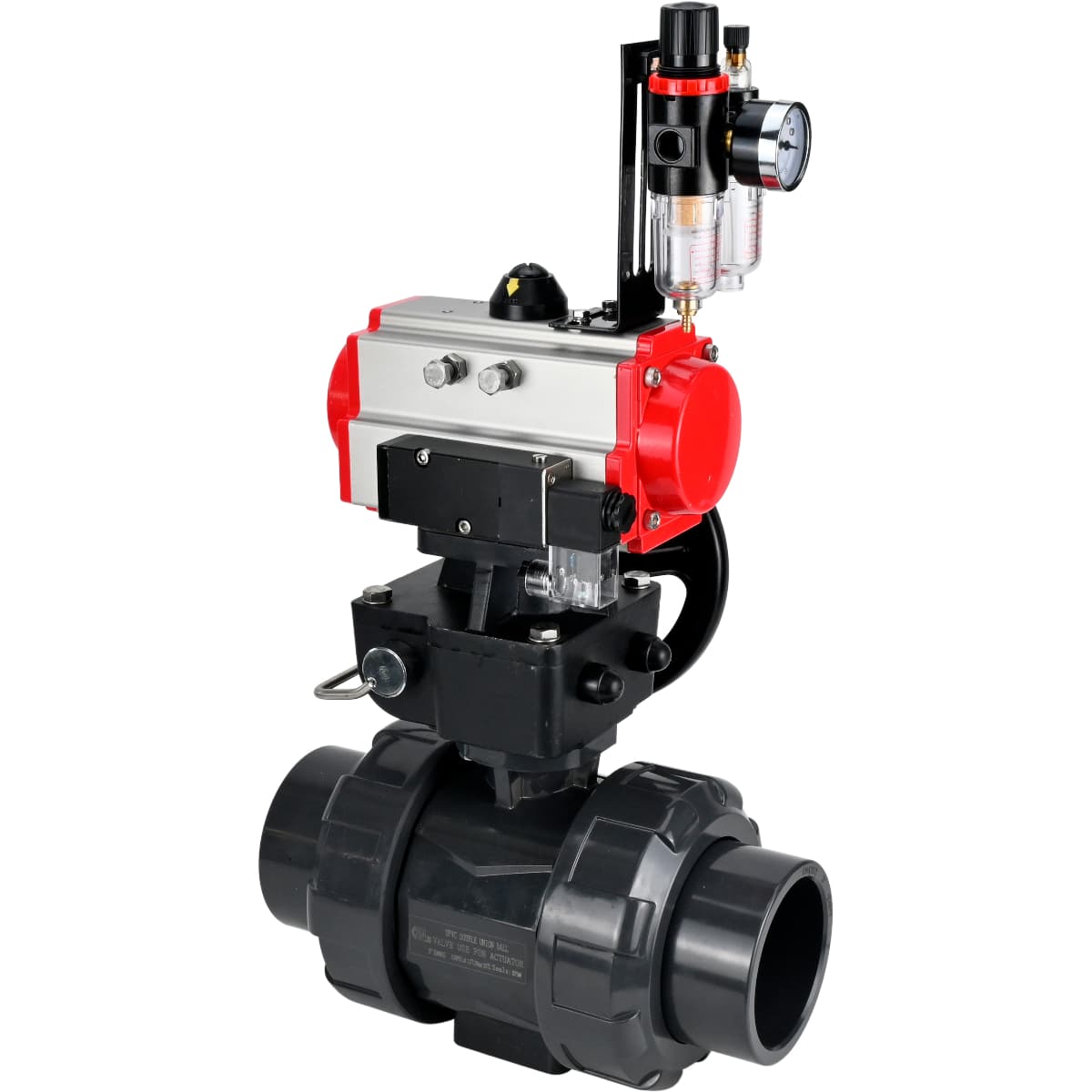Кран шаровой НПВХ-НПВХ-E-FP-GRM-ISO Дн50 Ру10 полнопроходной, корпус НПВХ, шар НПВХ, уплотнение EPDM, с пневмоприводом DA-052, пневмораспределителем PND2-S1EM-52-1NC-J08-220VAC, ручным дублером HDM-1 и БПВ APU1-10-40-V08