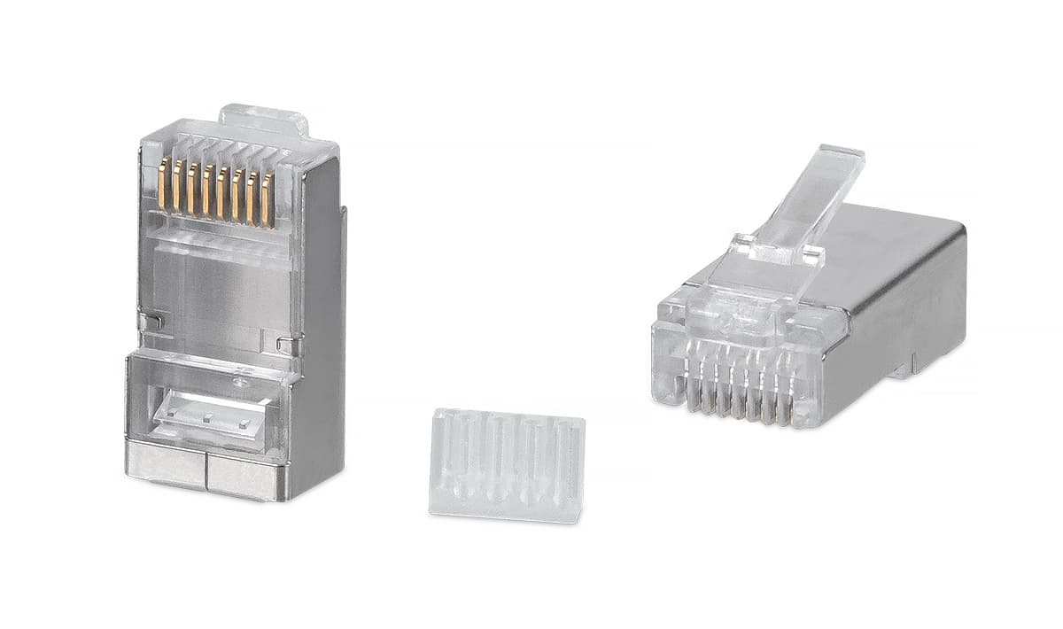 Коннектор RJ-45 под витую пару, категория 6, экр анированный, универсальный (для одножильного и многожильного кабеля), для проводников с толщиной по изоляции до 1,05 мм, со вставкой