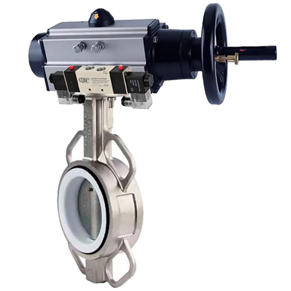 Затвор дисковый поворотный 304-304-PTFE-2W-Fb Ду150 Ру16, корпус нержавеющая сталь 304, диск нержавеющая сталь 304, уплотнение PTFE, с пневмоприводом DA-105-1, с пневмораспределителем PND1-S2EM-52-2-T08-220VAC