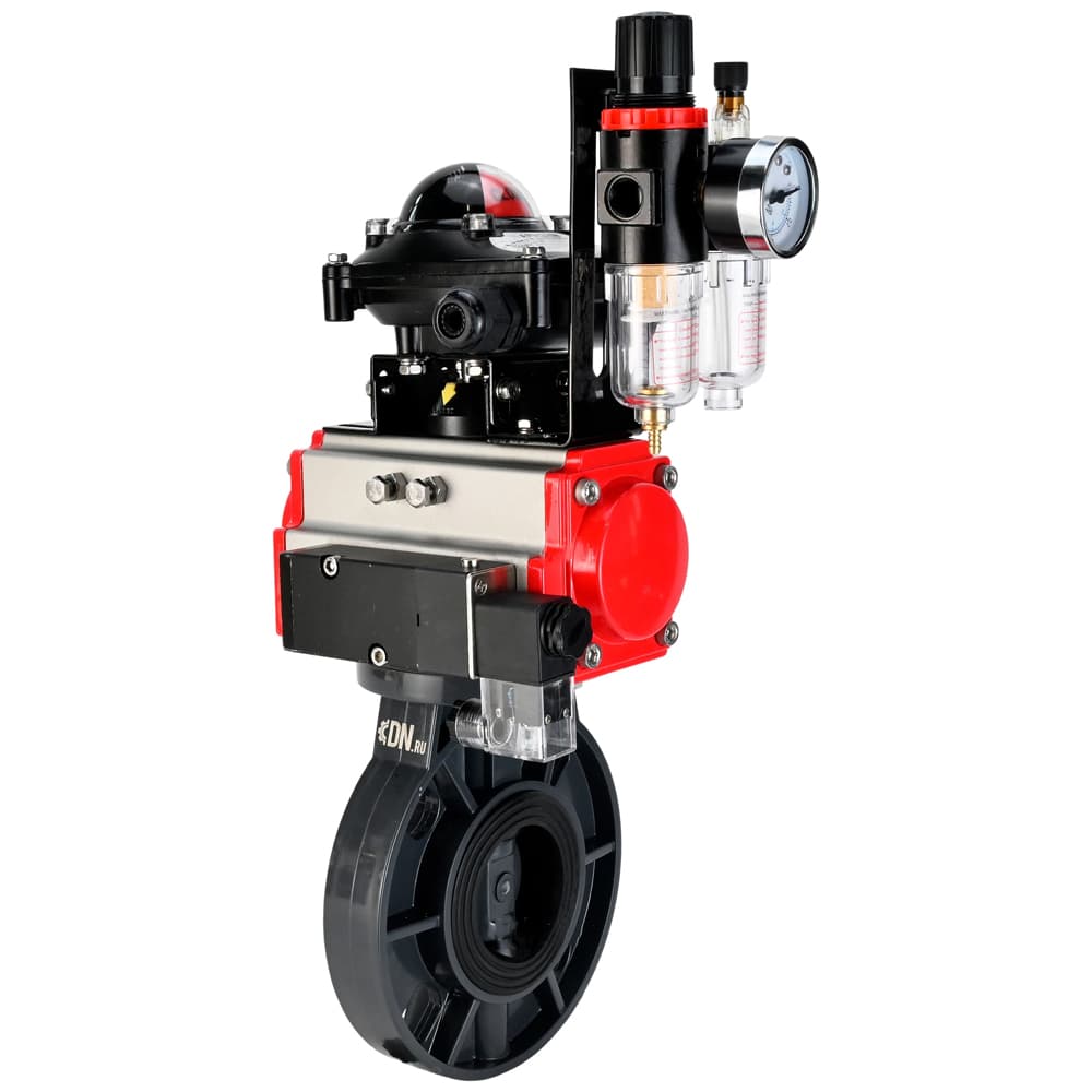 Затвор дисковый поворотный НПВХ-НПВХ-E-2W-Fb-ISO Дн100 Ру10 межфланцевый, корпус НПВХ, диск НПВХ, уплотнение EPDM, с пневмоприводом DA-065, пневмораспределителем PND2-S1EM-52-1NC-J08-24VDC, БКВ LSB-210-02NM12-220/24 и БПВ APU1-10-40-V08