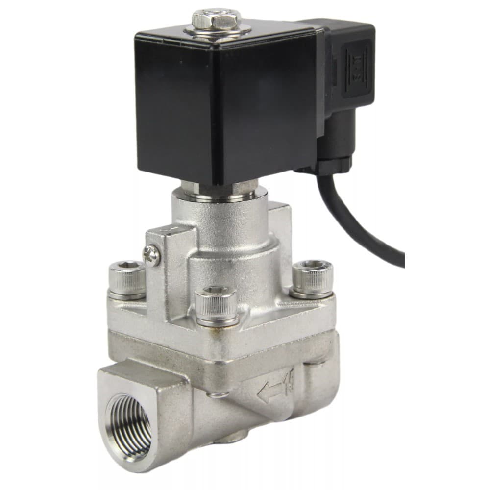 Клапан электромагнитный V2W-901P-NC 1'' Ду25 Ру100 пилотного действия двухходовой, корпус сталь нержавеющая 304, присоединение внутренняя резьба, уплотнение PTFE, нормально-закрытый, катушка 24В AC