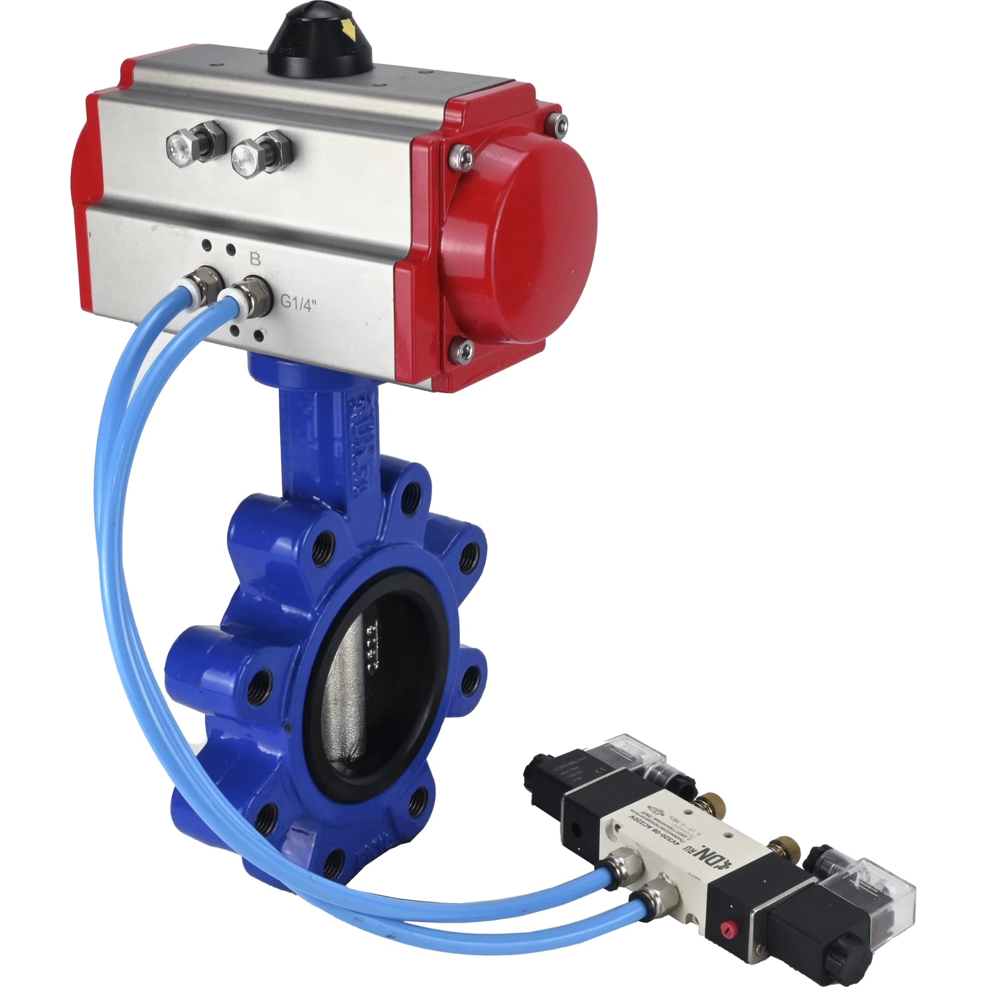 Затвор дисковый поворотный QT450-304-NBR-2W-Fb-H Ду80 Ру16 корпус чугун QT450, диск нержавеющая сталь 304, уплотнение NBR, с пневмоприводом DA-083 и пневмораспределителем PND1-S2EM-52-2-T08-220VAC