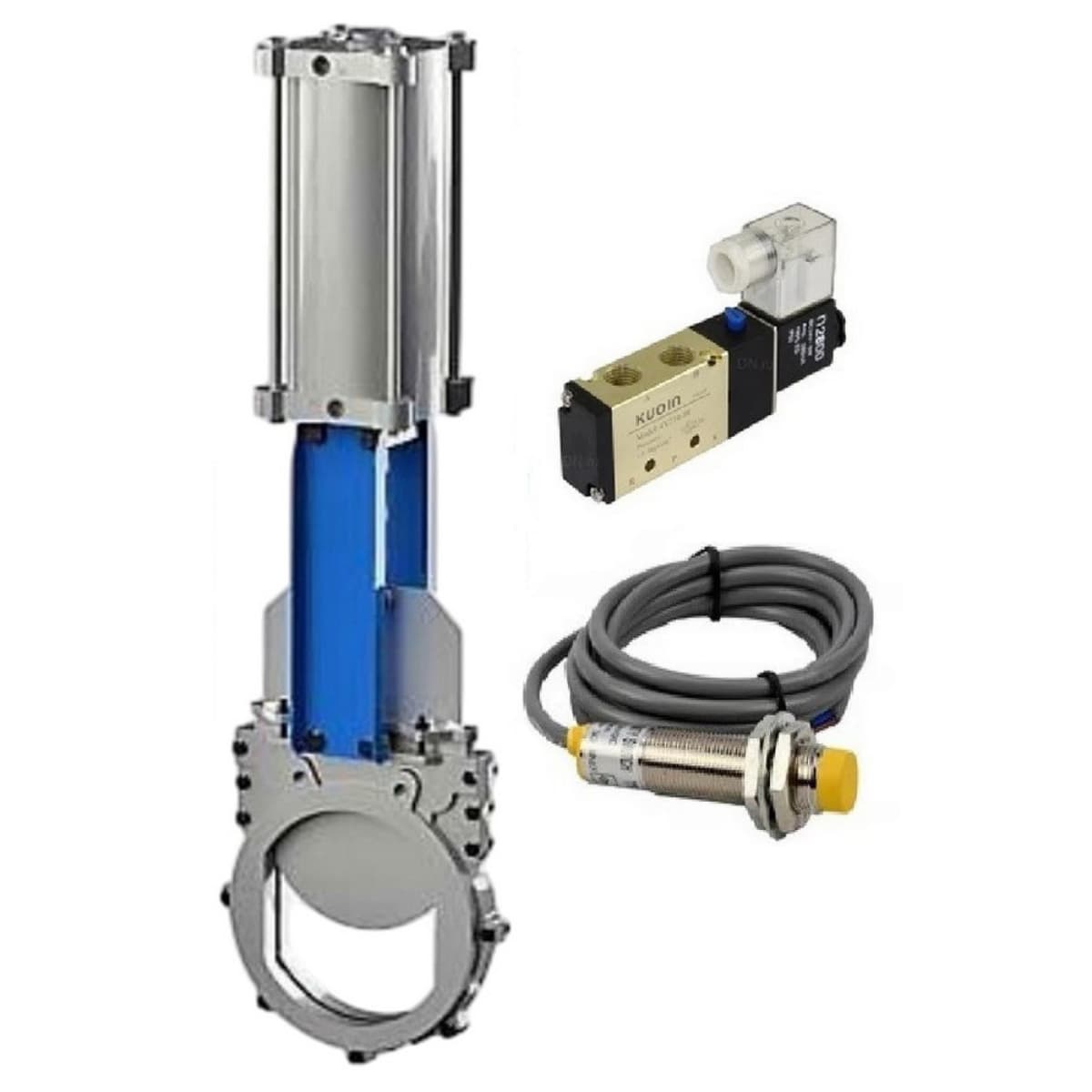 Задвижка шиберная 304-304-EPDM-2W-Fb-2P Ду65 Ру16 межфланцевая, шпиндель выдвижной, корпус нерж.сталь 304, шибер нерж.сталь 304, EPDM, WENZ, пн/привод, пн/распр.PND3-S1EM-52-1NC-J08-220VAC KUOIN и датчики LS-12A3-00NI0-220VAC