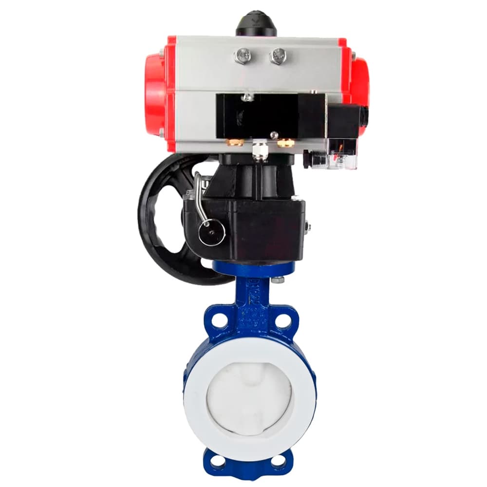 Затвор дисковый WCB-WCB-PTFE-PTFE-Fb-H Ду125 Ру16 корпус углеродистая сталь WCB, диск углеродистая сталь WCB, футерованный PTFE, уплотнение PTFE, пневмопривод DA-083, пневмораспределителем PND2-S1EM-52-1NC-J08-220VAC, ручной дублёр HDM-2