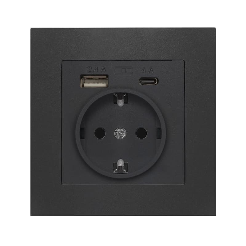 Розетка скрытой установки, с заземлением, c USB Type-A 2.4А+ Type-C 4A серия Афина , 220В, механизм, графит