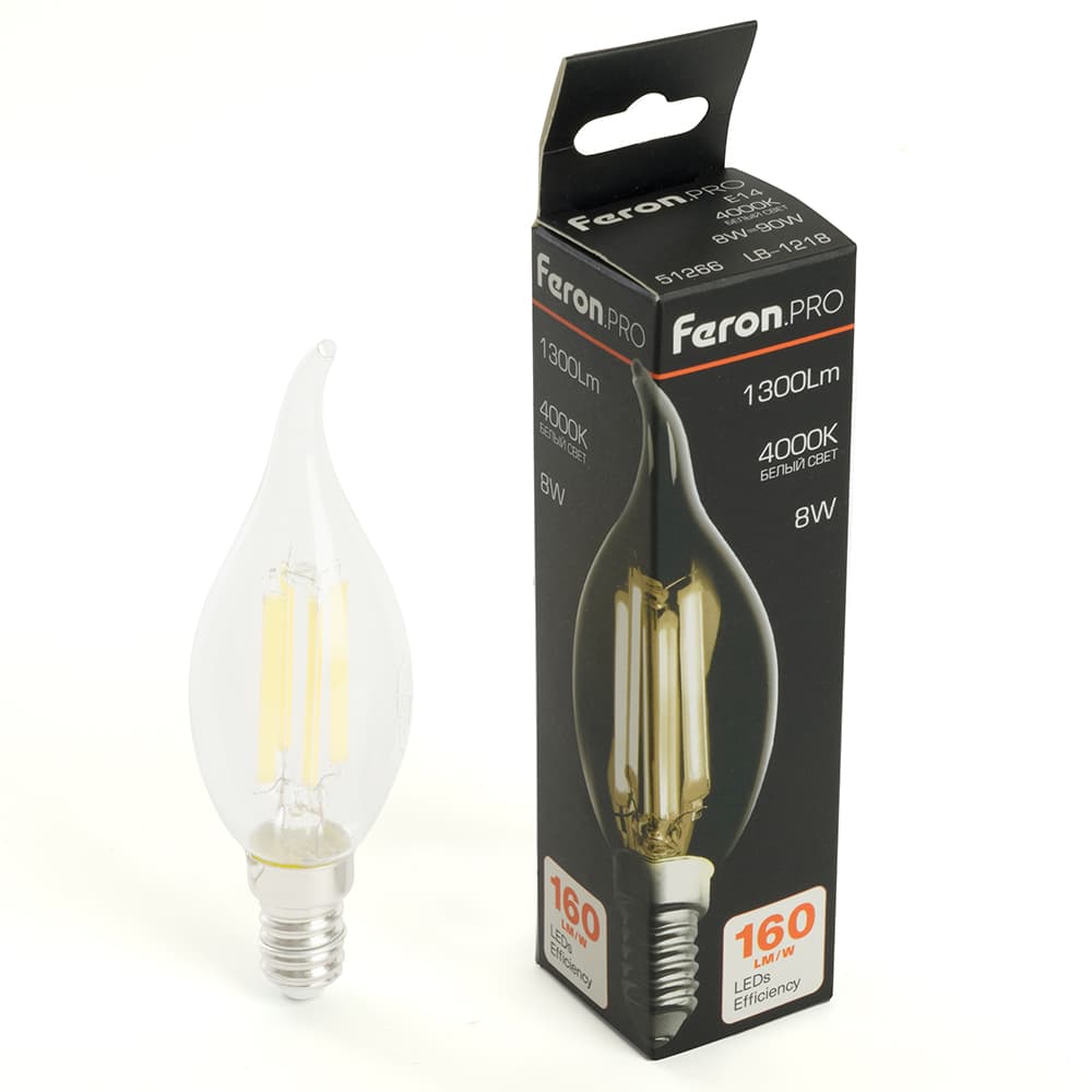 Лампа светодиодная LED 8вт Е14 белый свеча на ветру FILAMENT .PRO