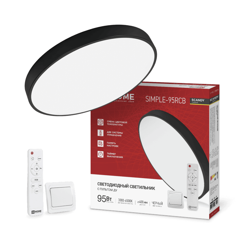 Светильник светодиодный SCANDY SIMPLE-95RCB 95Вт 230В 3000-6500K 7600Лм 400x50мм с пультом ДУ черный IN HOME
