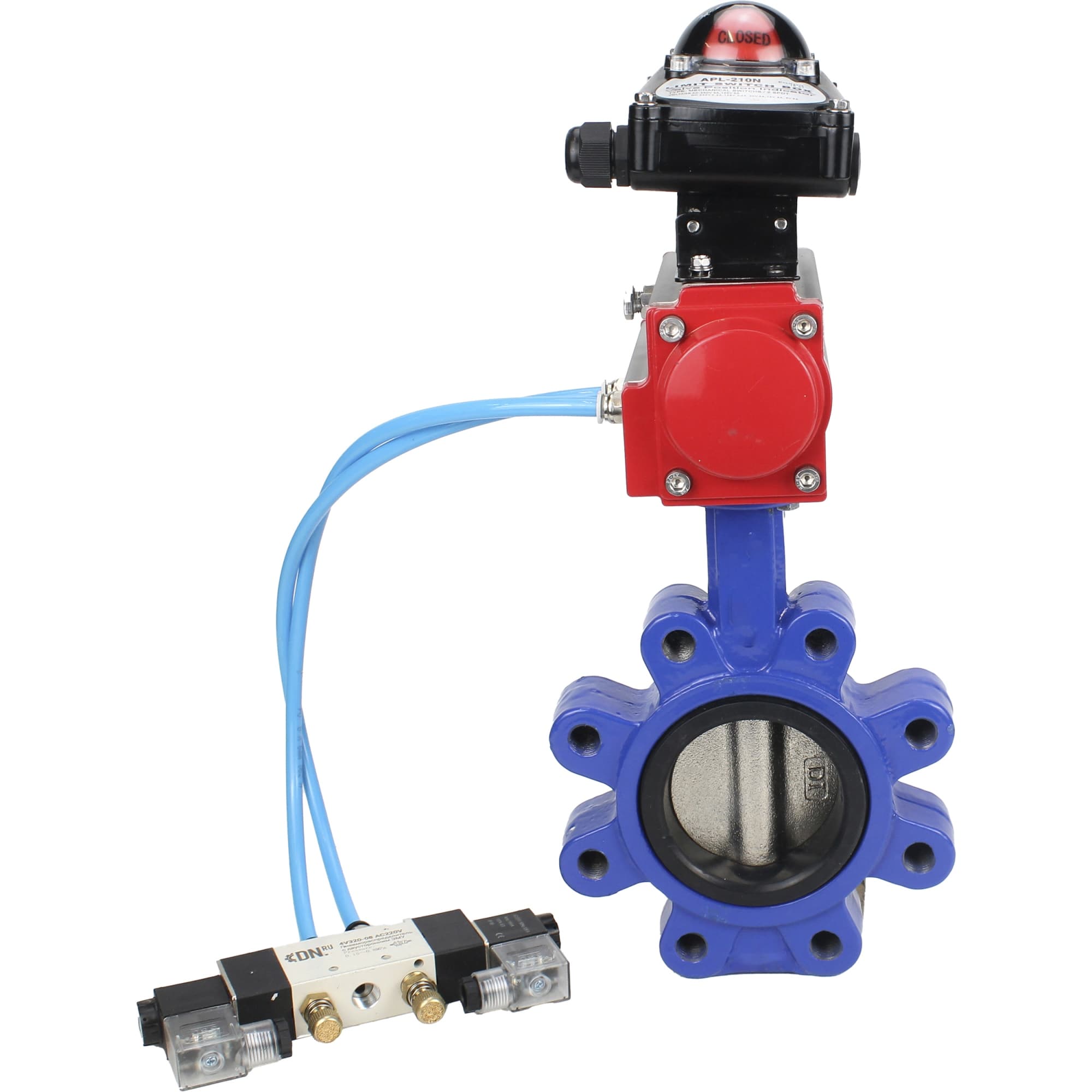Затвор дисковый поворотный QT450-QT450-NBR-2W-Fb-H Ду125 Ру16 корпус чугун QT450, диск чугун QT450, уплотнение NBR, с пневмоприводом DA-105, пневмораспределителем PND1-S2EM-52-2-T10-220VAC и БКВ LSB-210-02NM12-220/24