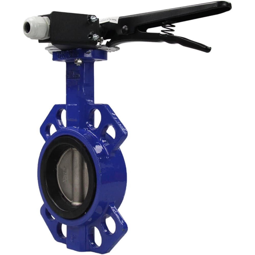 Затвор дисковый поворотный WCB-316L-VITON Ду150 Ру16 корпус углеродистая сталь WCB, диск нержавеющая сталь 316L, уплотнение Viton, с рукояткой, с двумя концевыми датчиками LS-103-41NM2-250 и кронштейном для крепления концевых выключателей