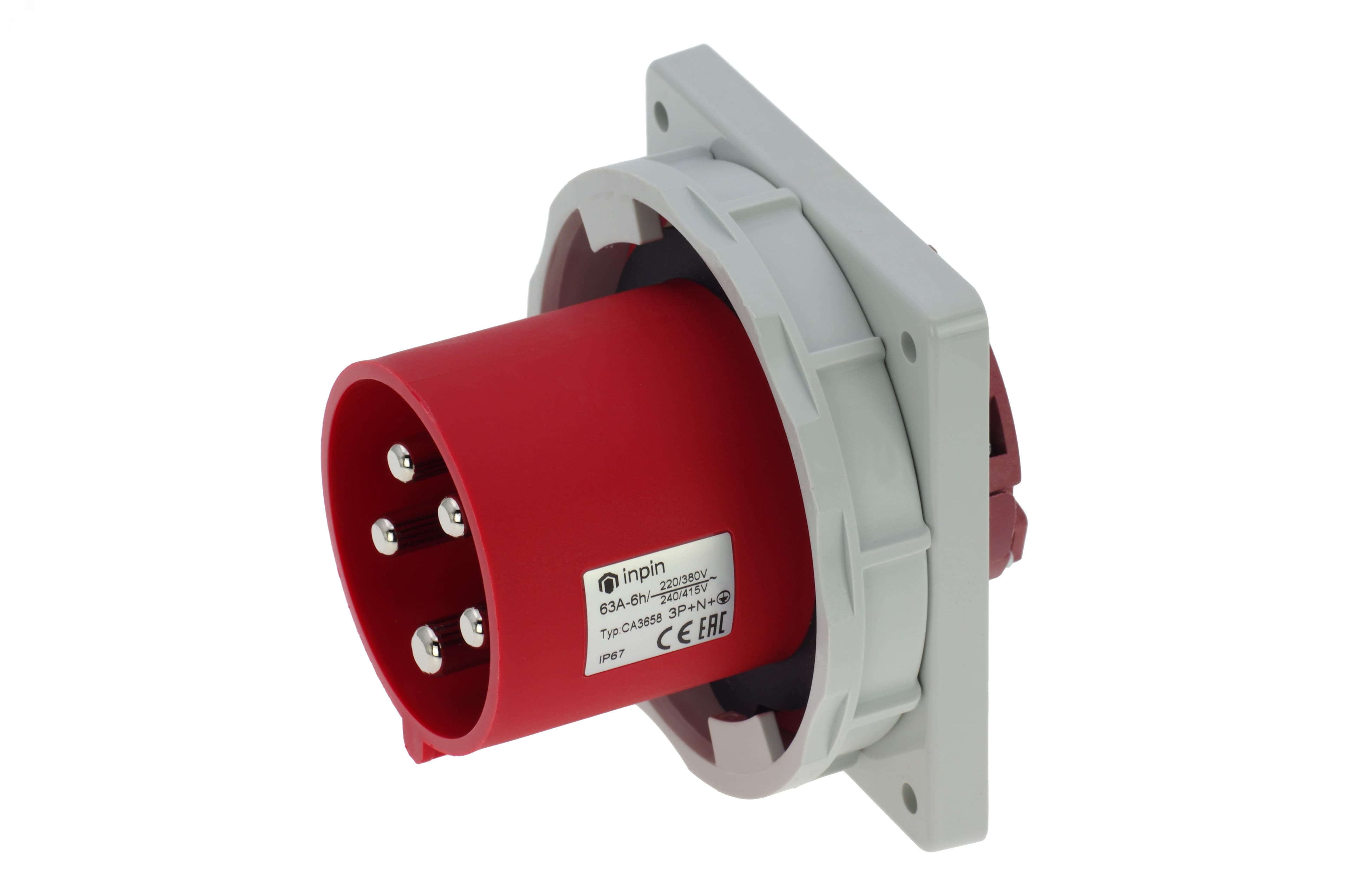 Вилка встраиваемая 63A/400V/3P+N+E/IP67, фланец 106x110