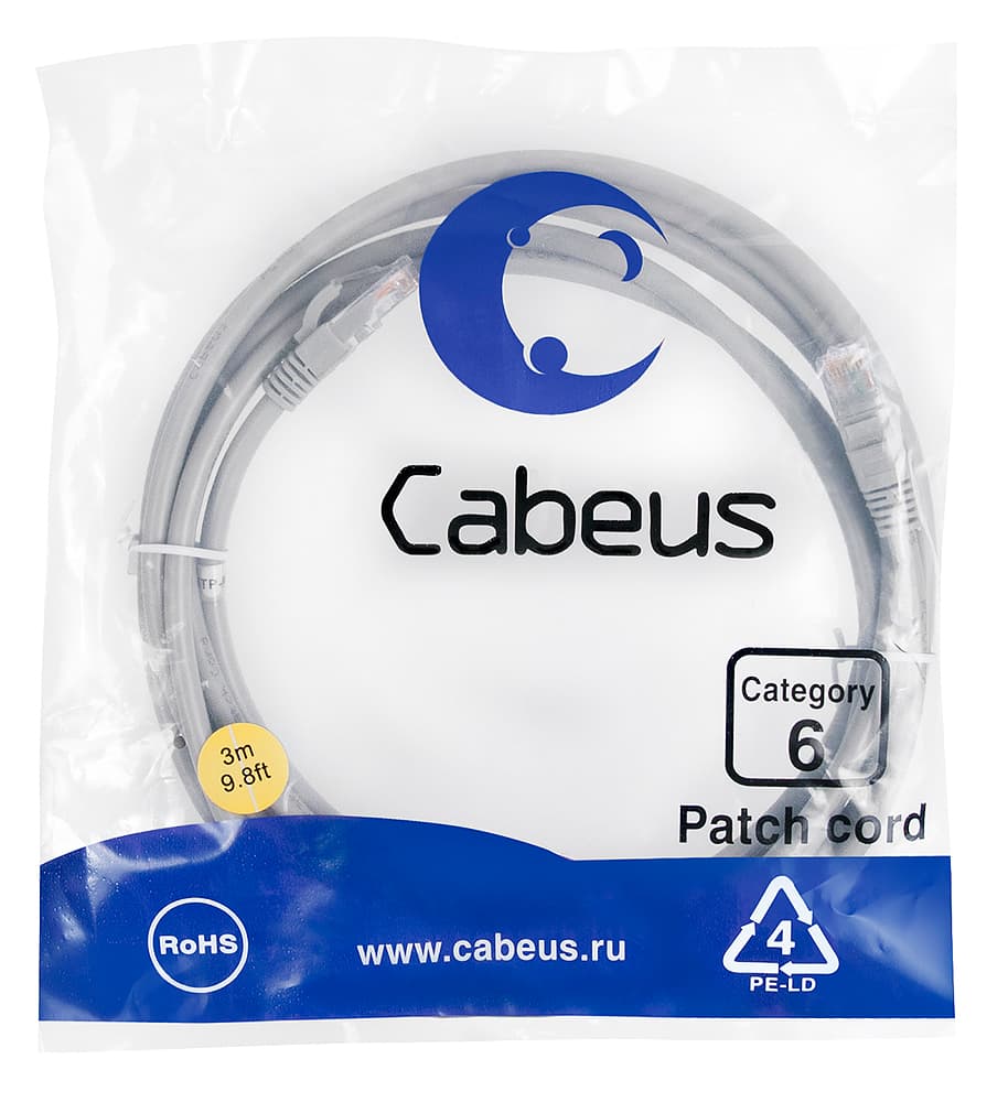 Патч-корд U/UTP, категория 6, 2xRJ45/8p8c, неэкранированный, серый, PVC, 3м